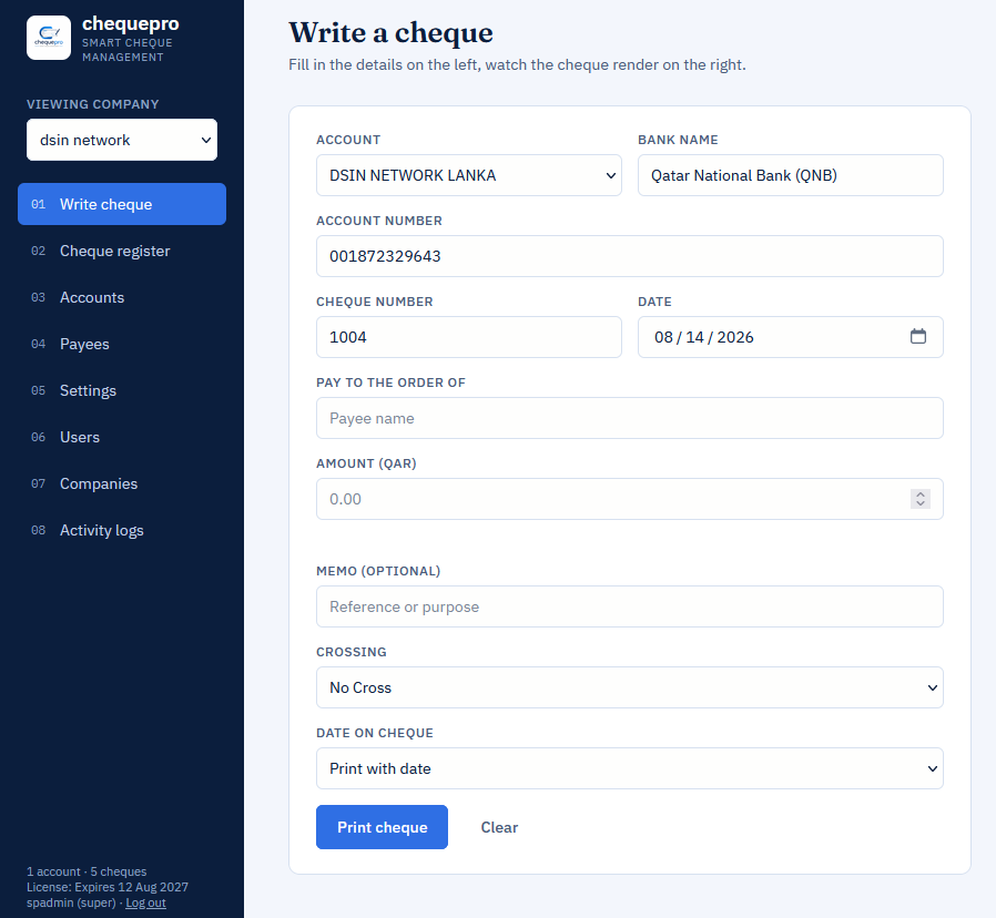ChequePro cheque writing screen with account, bank, payee and amount fields