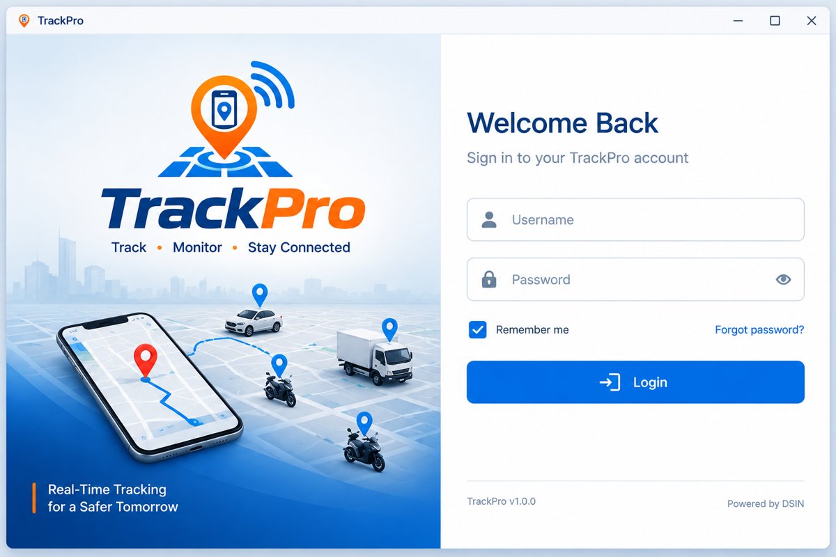 TrackPro real-time GPS tracking app login screen with vehicle map showing cars, motorcycles and trucks